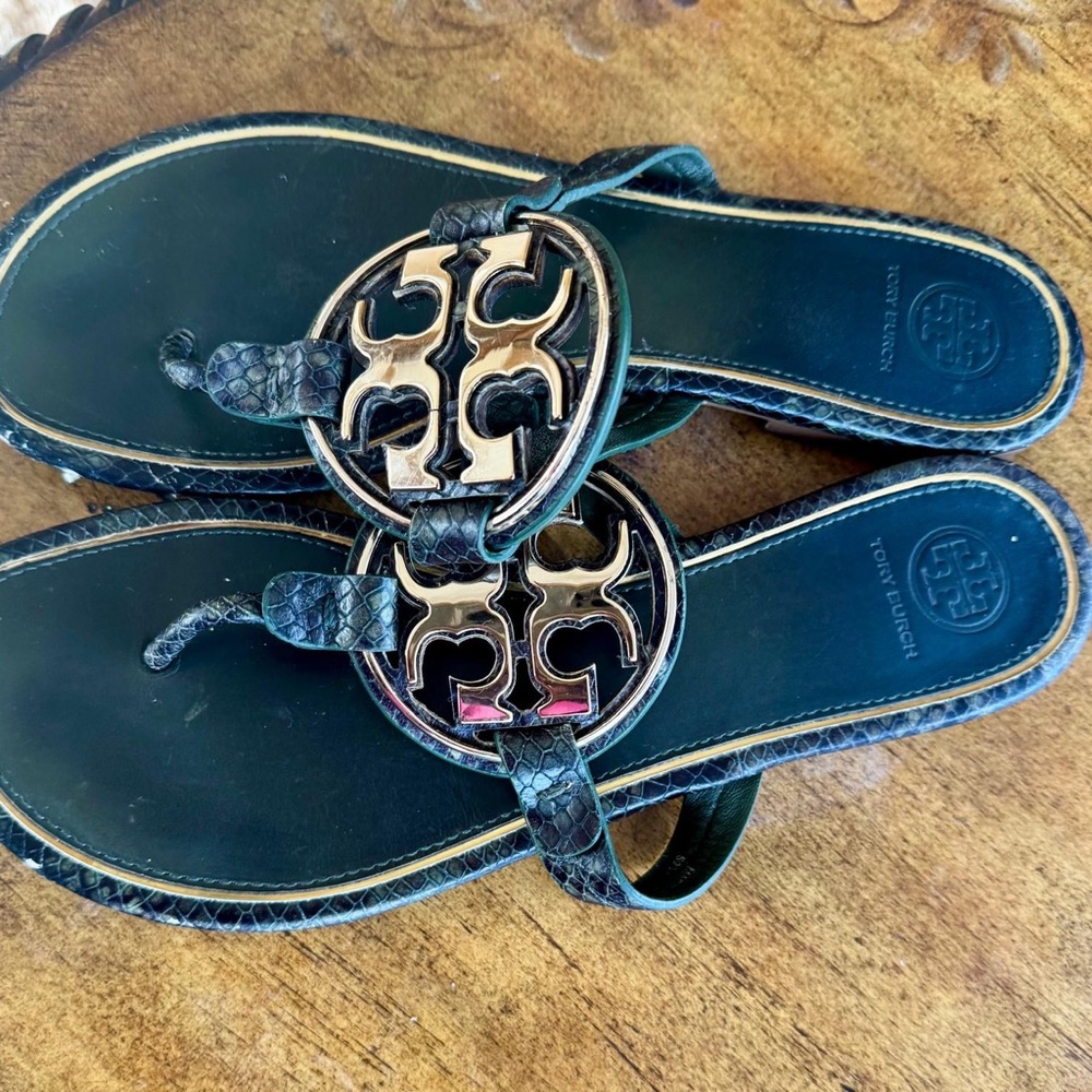Tory Burch Black Sandals with Gold Logo